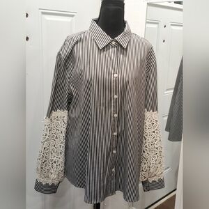 Chico's Black and White Striped Button Down with Lace Sleeves